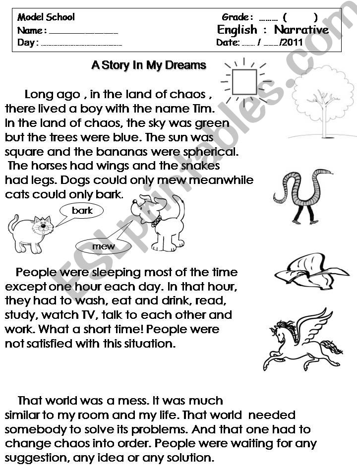 worksheet story narrative A STORY IN MY DREAMS  with Listening Reading comprehension