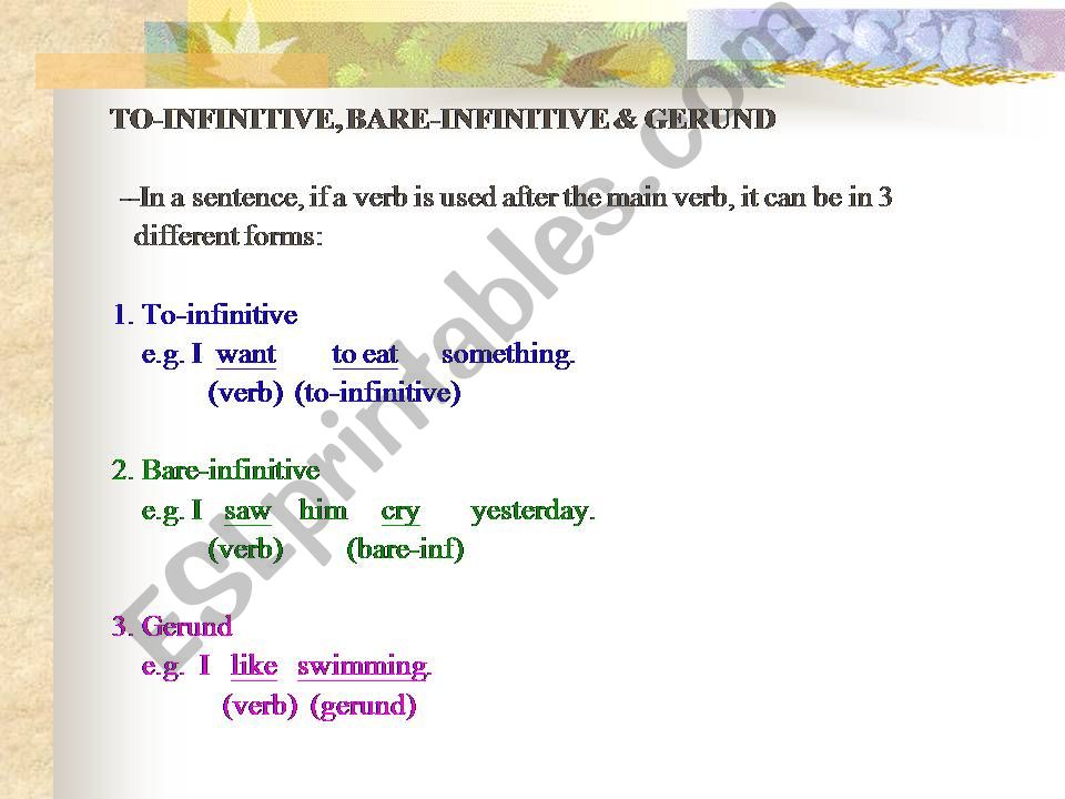 Rules Gerund , infinitive and bare infinitive powerpoint