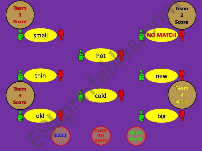 Match the opposites game (up to 4 players) 4 questions per slide PART II