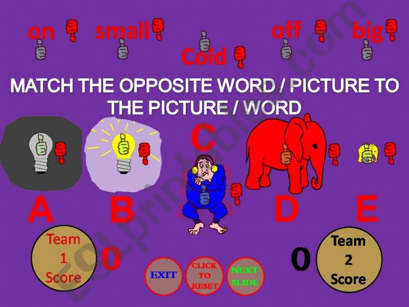 Match the opposite word/picture to the picture/word game part 1 (25 words/pictures)