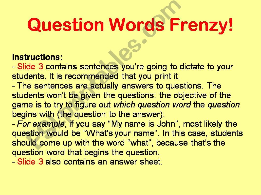 Question Word Frenzy powerpoint