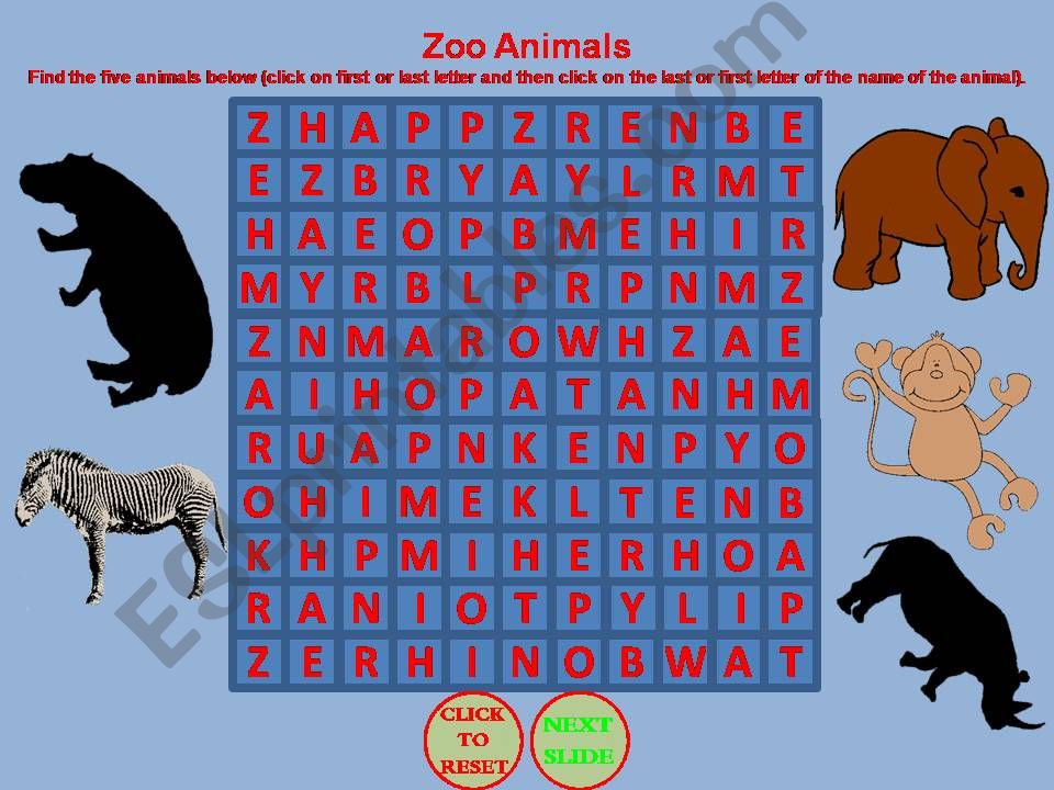 ESL - English PowerPoints: ZOO ANIMAL WORD SEARCH (15 ANIMALS TO FIND) ESL - English PowerPoints: ZOO ANIMAL WORD SEARCH (15 ANIMALS TO FIND)