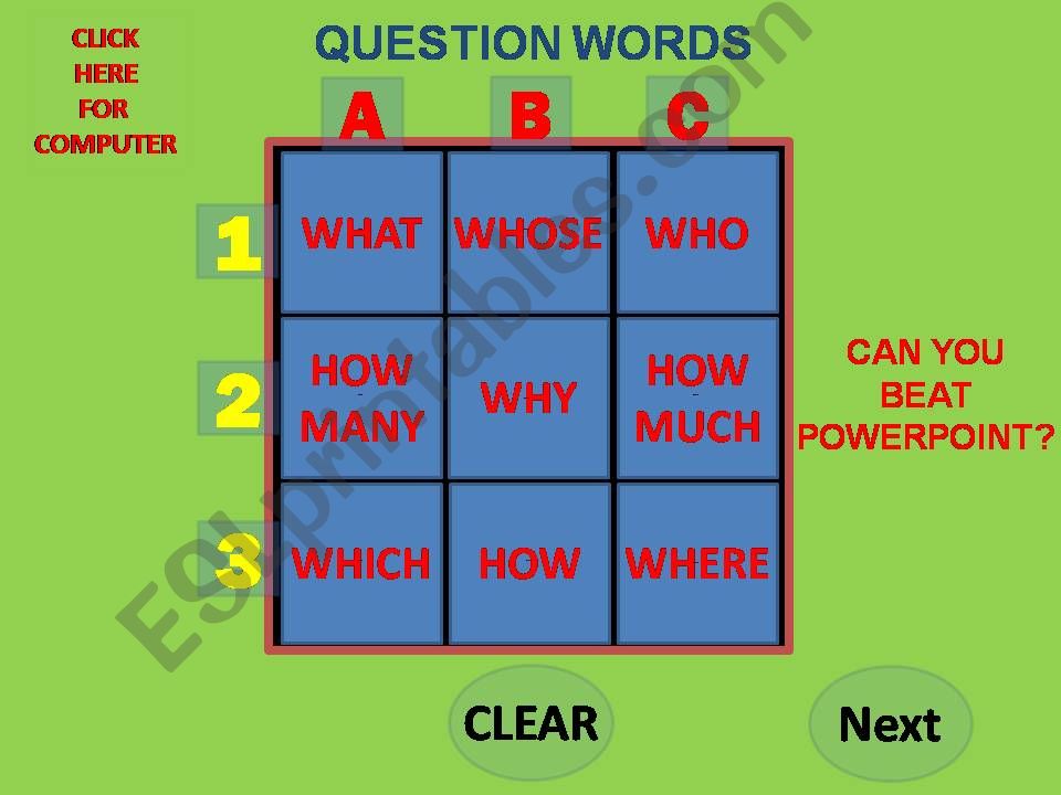 Question Words Tic Tac Toe Interactive Game Part 1