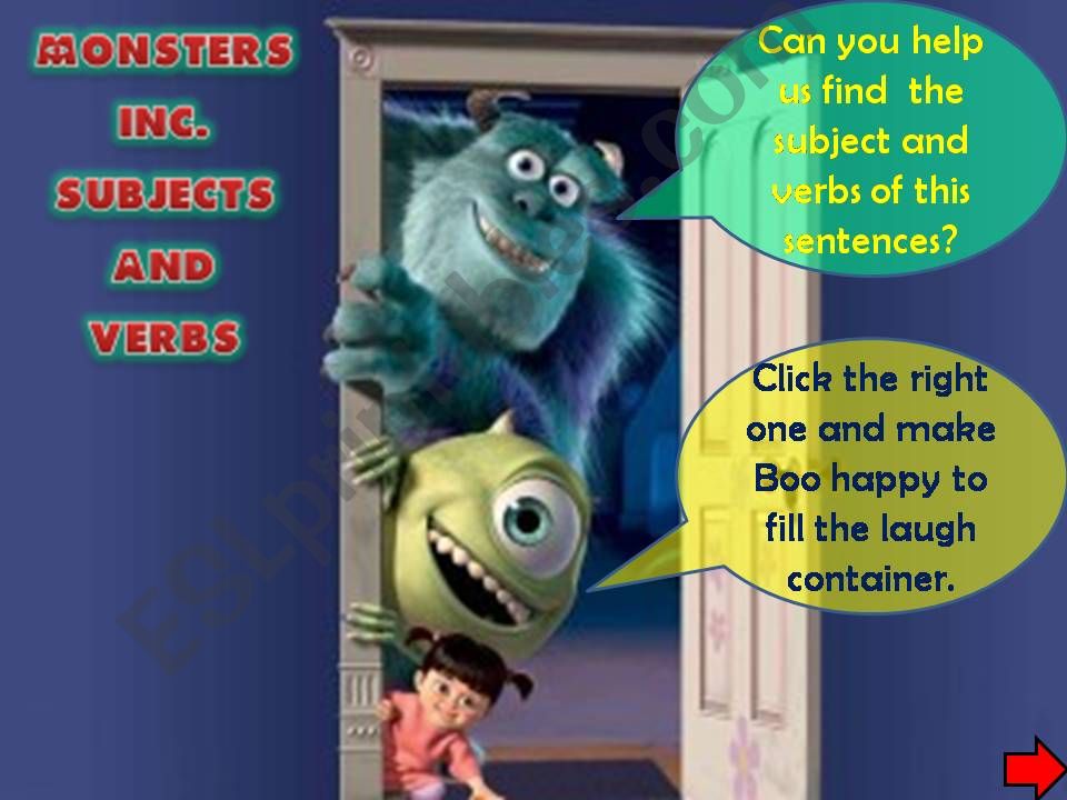 Monsters Inc subject and verb powerpoint