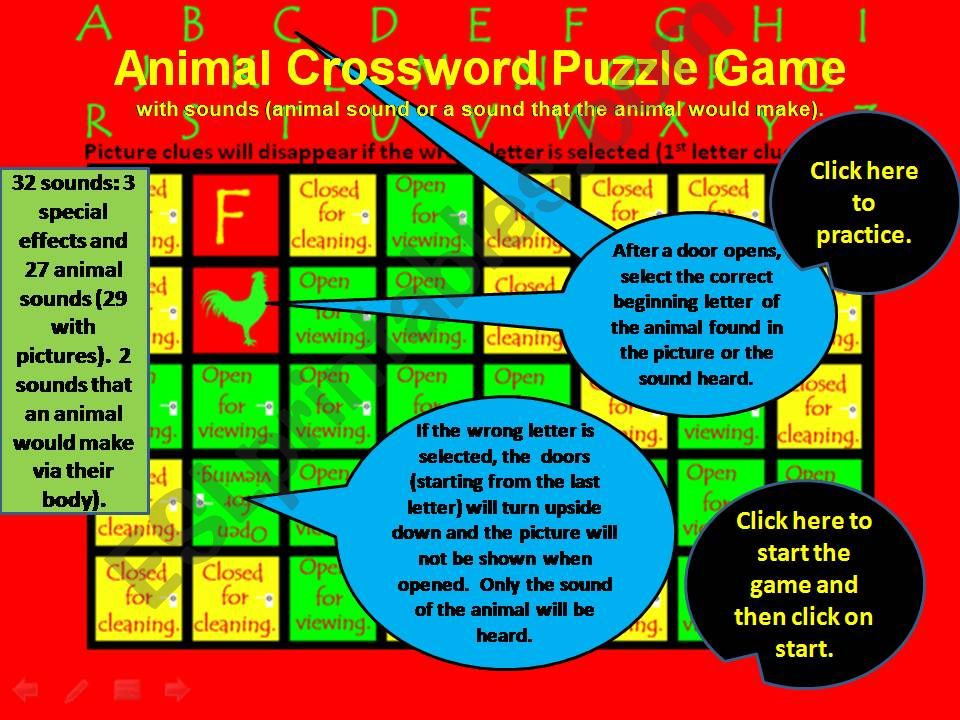 Animal Crossword Puzzle with Hints and Practice (sounds and pictures) 29 animals