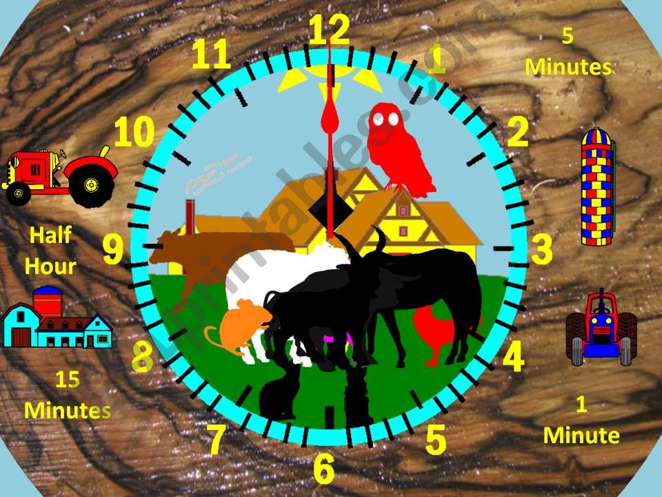 Farm Clock Hours (1 and 1/2), Minutes (1, 5 and 15 Minutes) Animated with Sound