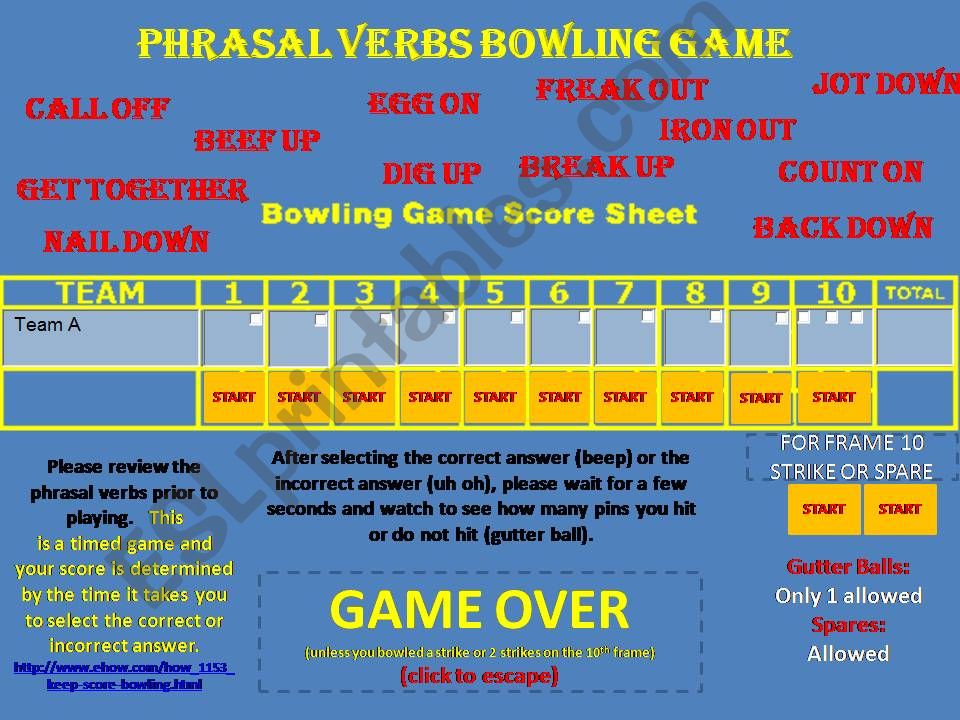 Phrasal Verbs Solo Full Up Bowling Game (one gutter per frame) part 1