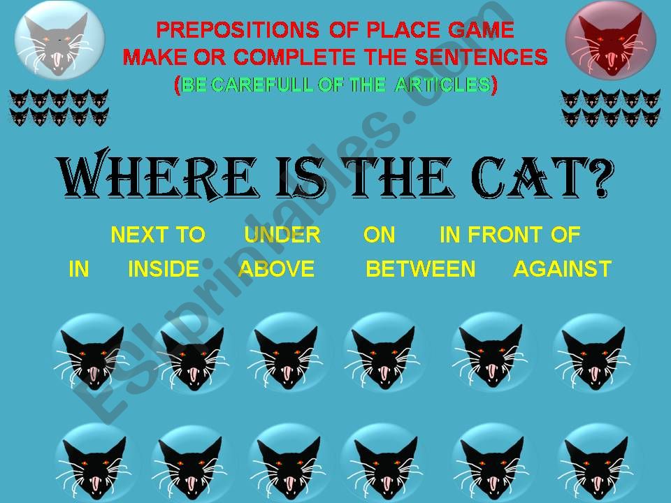 prepositions of place where is the cat form the sentence or complete it