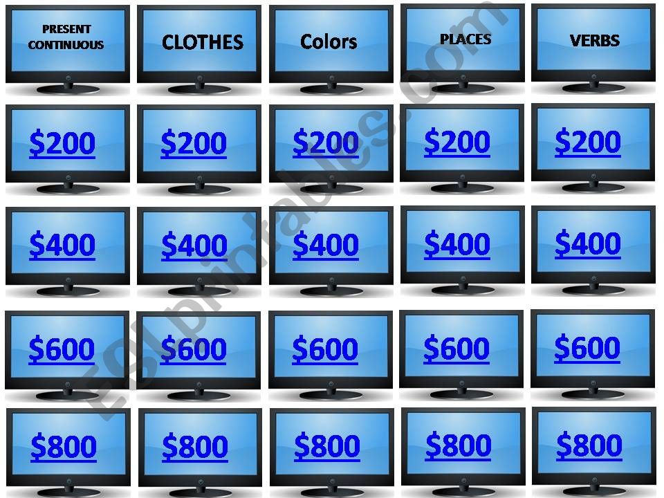 INTERACTIVE Jeopardy - present continuous, clothes, colors, places, verbs