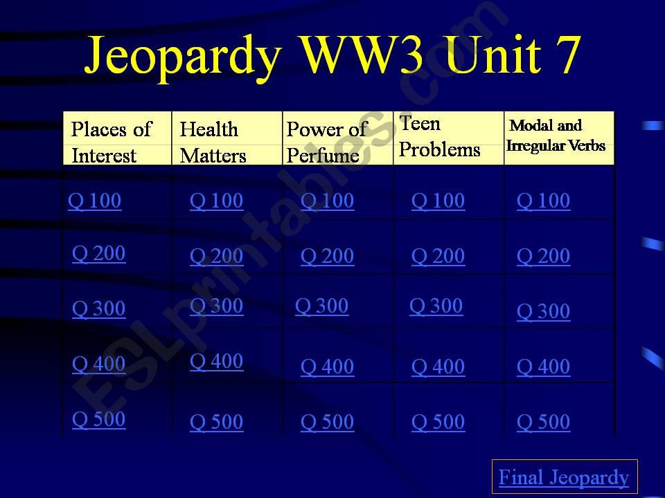 Jeopardy based on World Wonders 3 - Unit 7