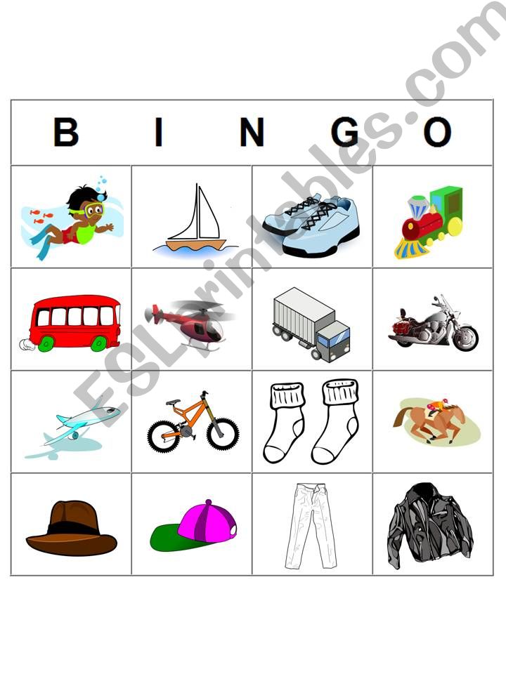Bingo transportation, clothes, and sports (beginner)