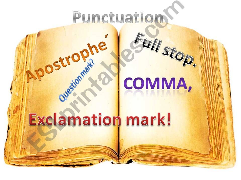 Punctuation , comma, apostrophe, full stop, exclamation mark and question mark