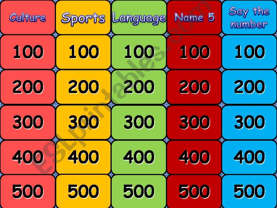Jeopardy - General knowledge + language/number/category vocab