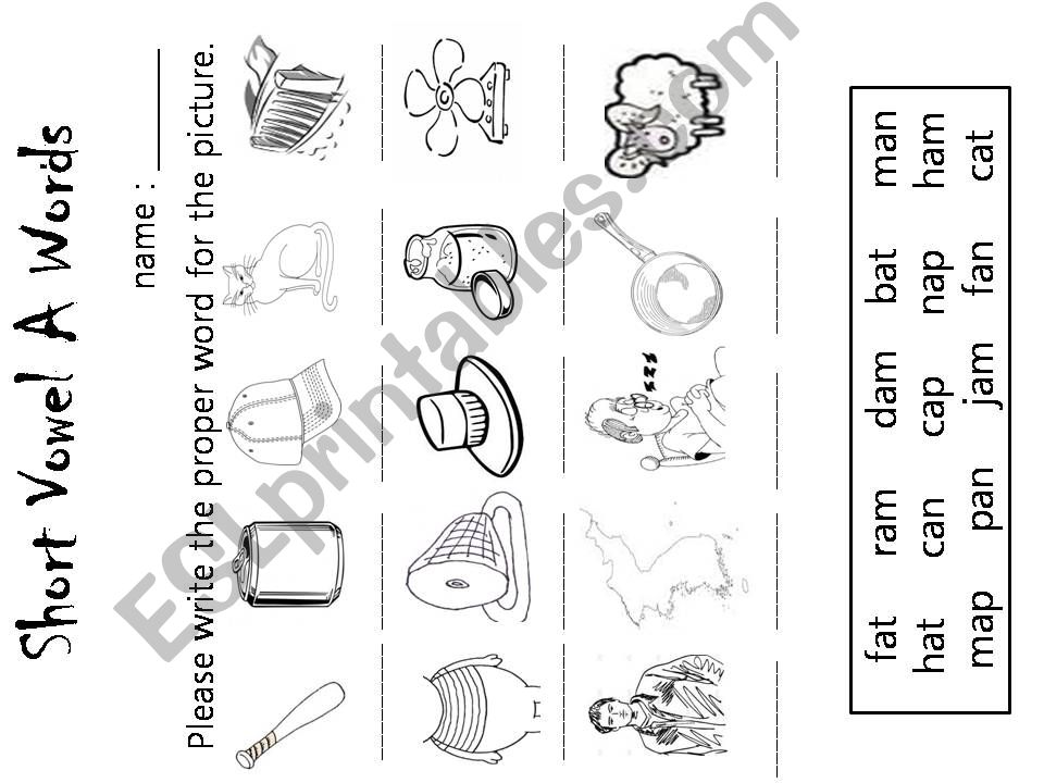 Short Vowel A words worksheet powerpoint