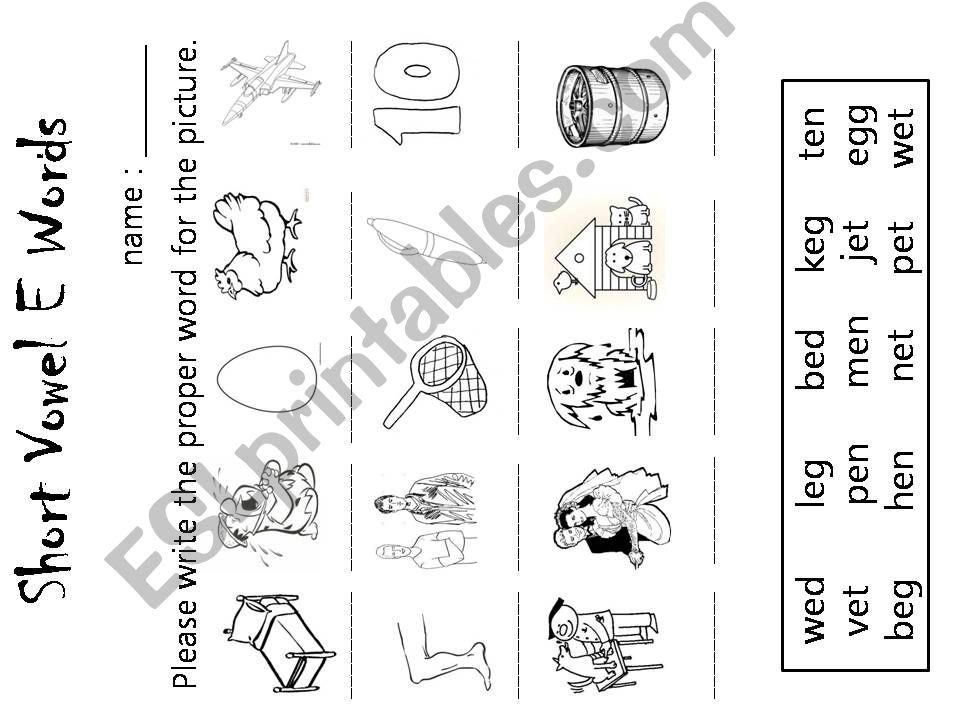 Short Vowel E words worksheet powerpoint