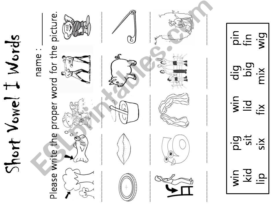 Short Vowel I words worksheet powerpoint