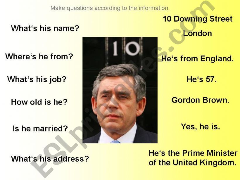 Making questions according to the given information. (about Gordon Brown and a clown)