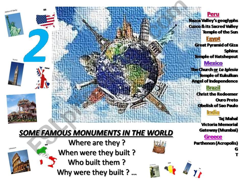 3 monuments for each of 6 countries