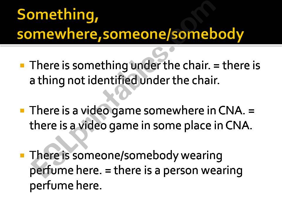 Something, somewhere,somebody, anything, anywhere, anybody etc.