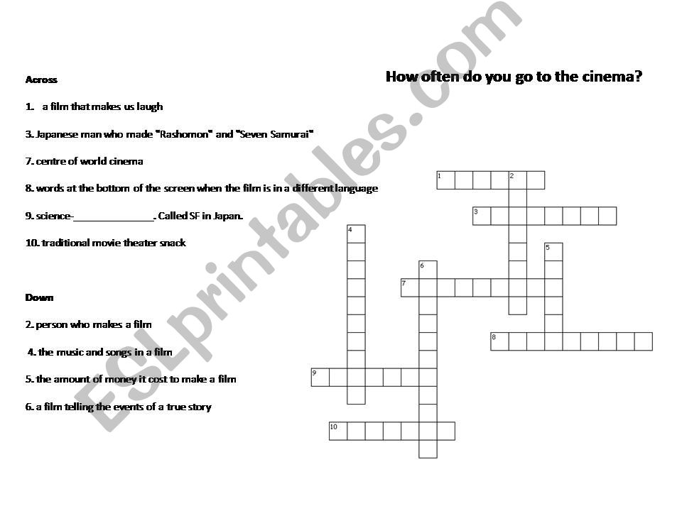 ESL English PowerPoints Cinema crossword