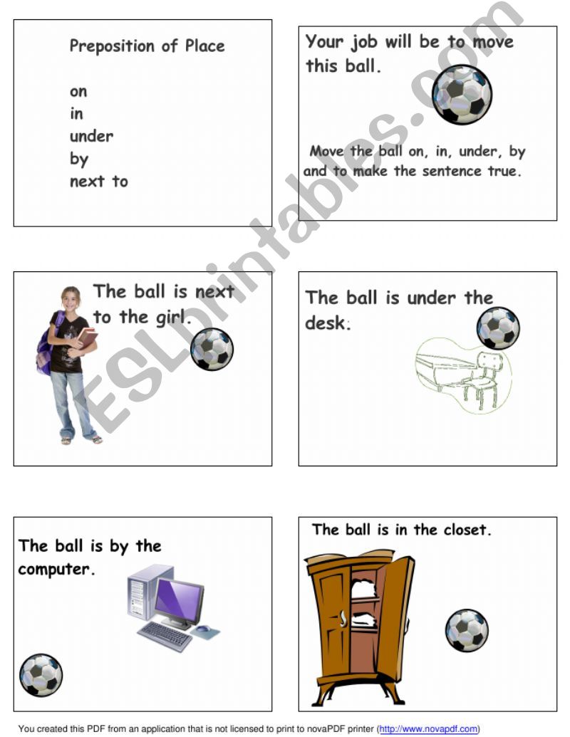 Flipchart for prepositions of location on, in, under and by