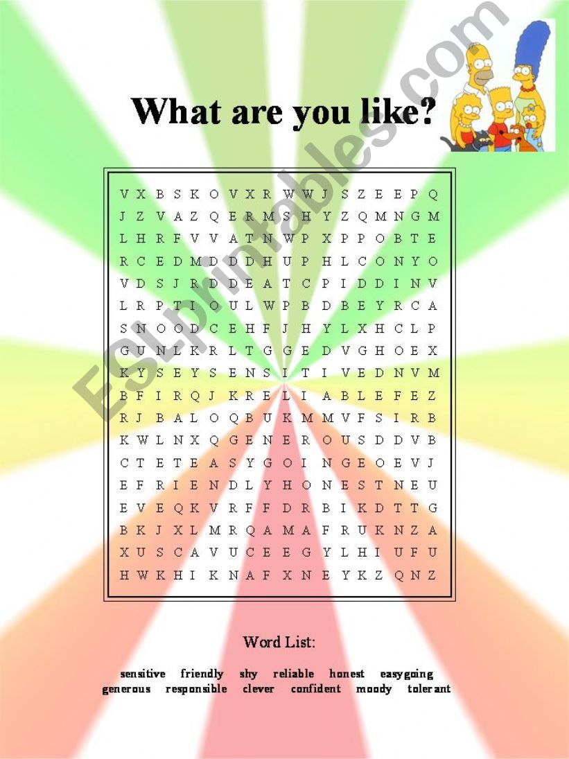 What are you like?:  Printable word search on adjectives of personality