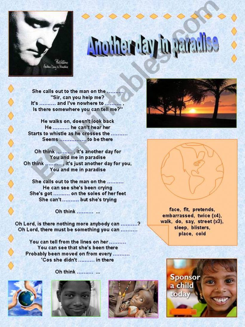 Phil Collins: Another day in paradise. Printable Song + Printable Flashcards + Printable Factsheet (Raising awareness).