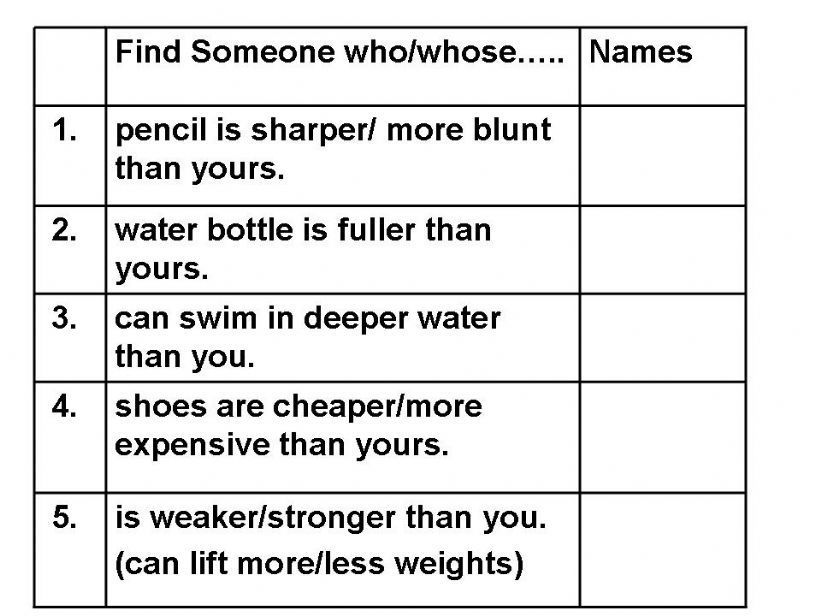 Comparative adjective questionaire