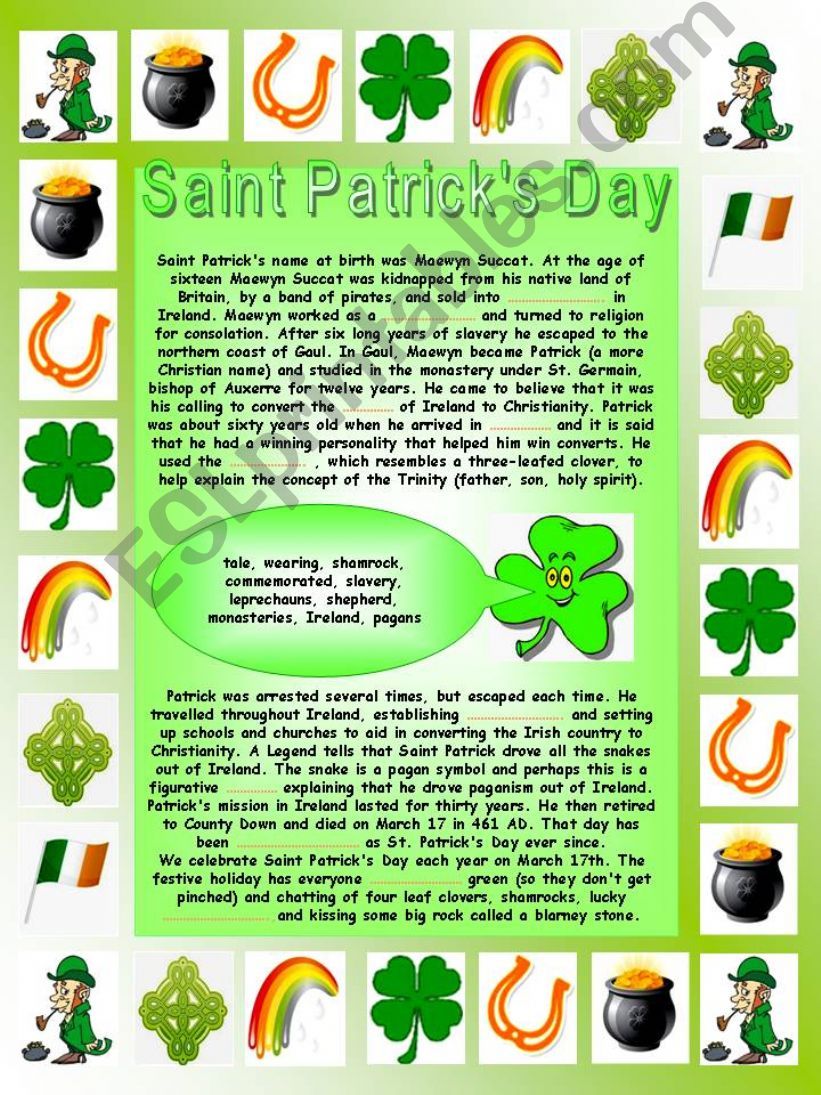 Saint Patricks Day:  Printable complete-the-gaps reading, Printable comprehensive word search, Printable quiz and two Printable factsheets
