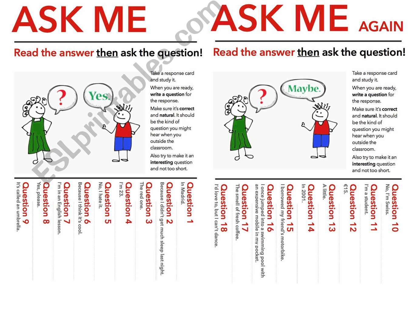 Ask me! Worksheets for students to practice asking questions.