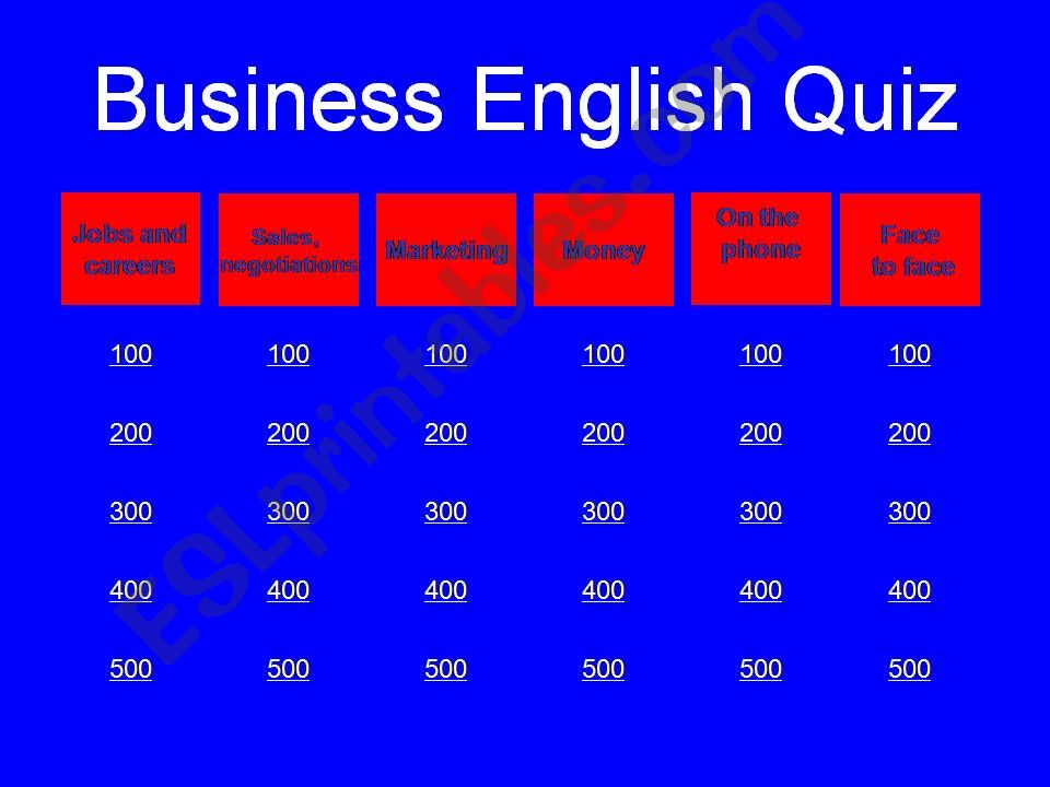 Business English vocabulary revision Jeopardy game