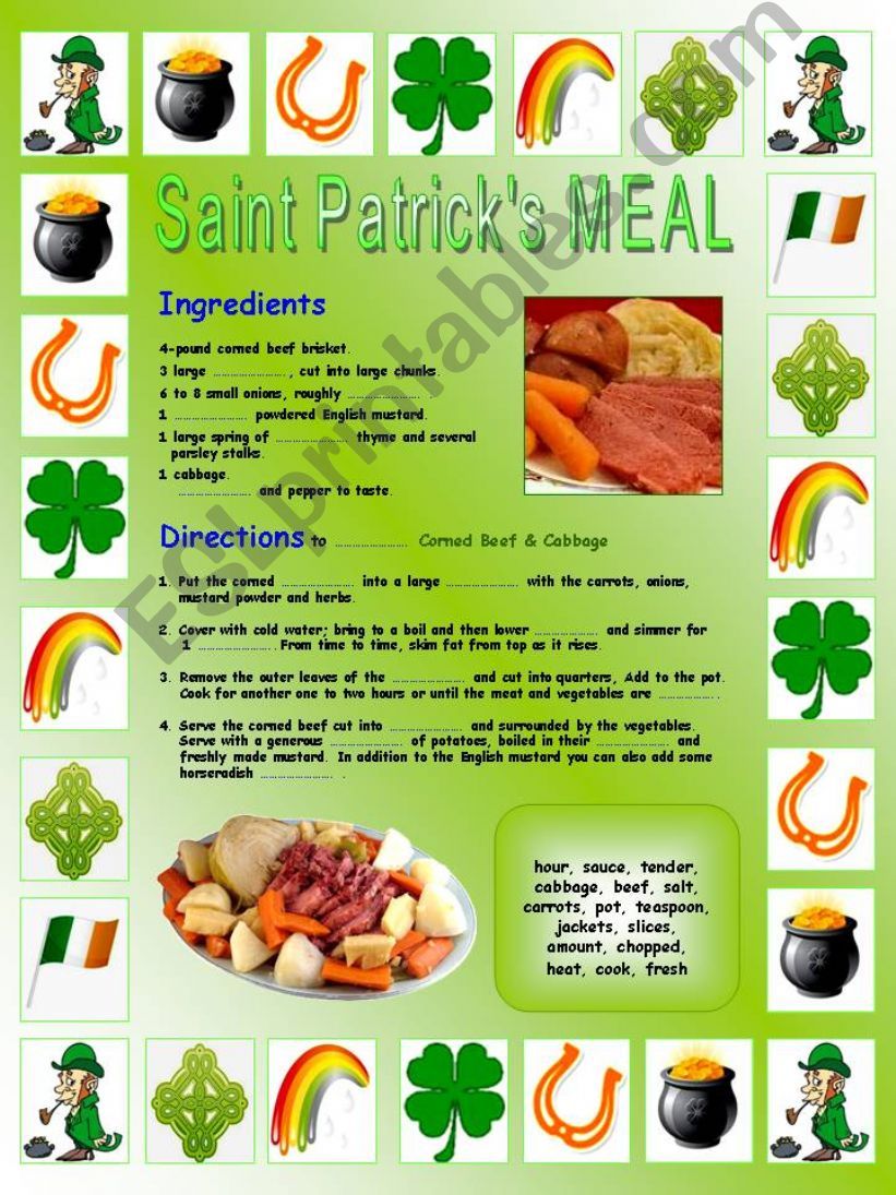 Saint Patricks meal (corned beef & cabbage):  Printable complete-the gaps reading + Printable comprehensive word search + Printable updated board game 
