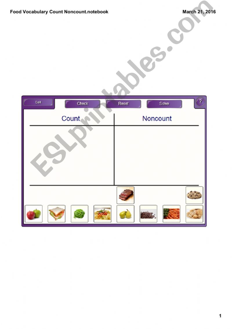 Food Vocabulary Count and Noncount