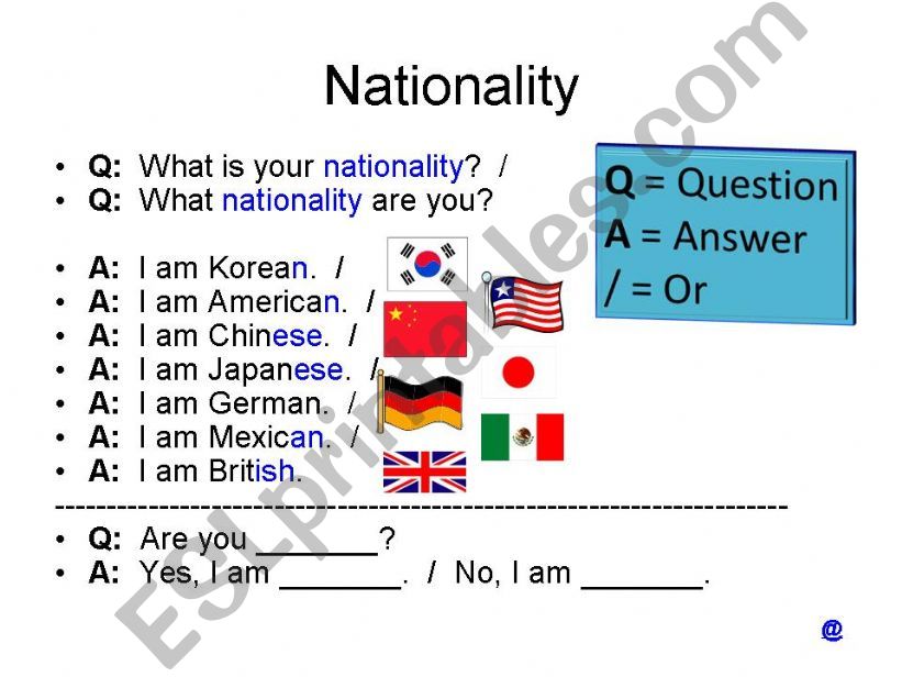 ESL English PowerPoints Nationality and Country of Origin/Location