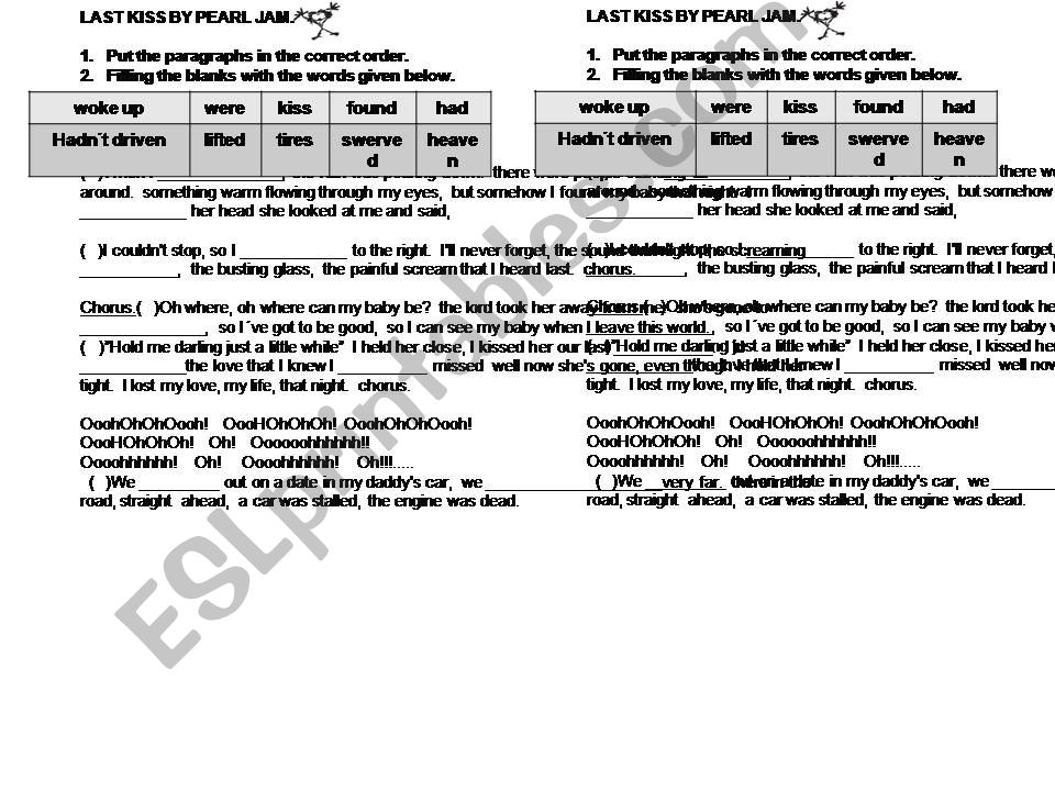 ESL English PowerPoints SONG "LAST KISS BY PEARL JAM" FOR PRESENT