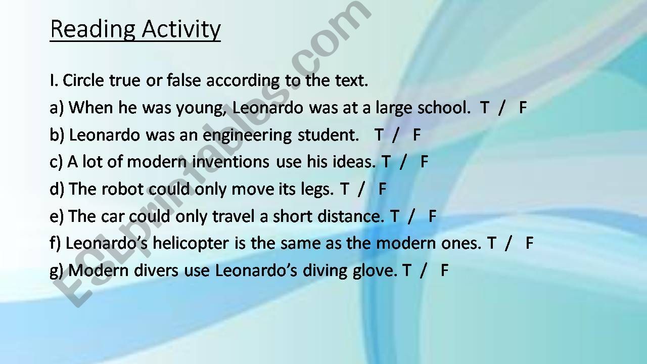 reading activity past simple inventions