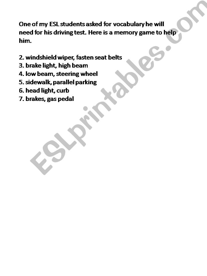Memory Game for Driving Test terms