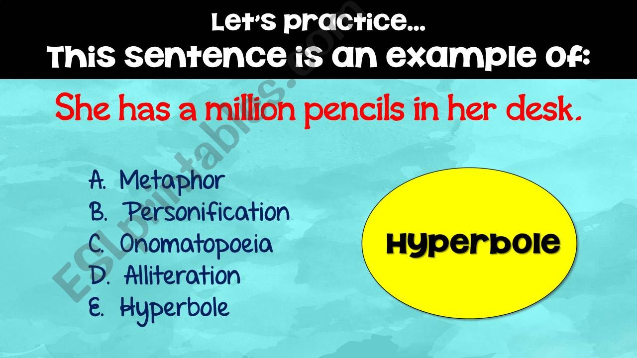 Idioms, Metaphors, Similes, Hyperboles, Onomatopoeia, Alliteration and MORE!  examples with multiple choice questions  48 SLIDES