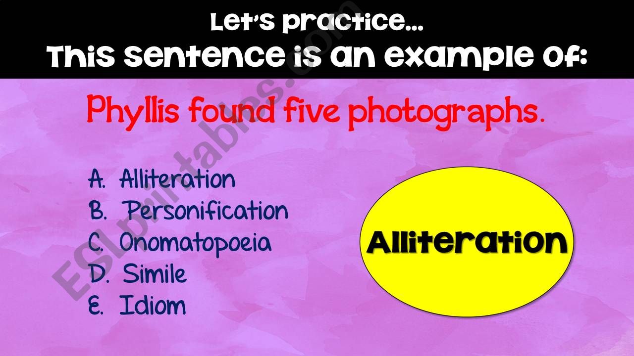 Idioms, Metaphors, Similes, Hyperboles, Onomatopoeia, Alliteration and MORE!  examples with multiple choice questions  48 SLIDES