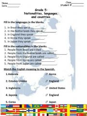 English powerpoint: Countries, Nationalities, languages worksheet