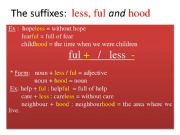 English powerpoint: the prefixes less, ful and hood