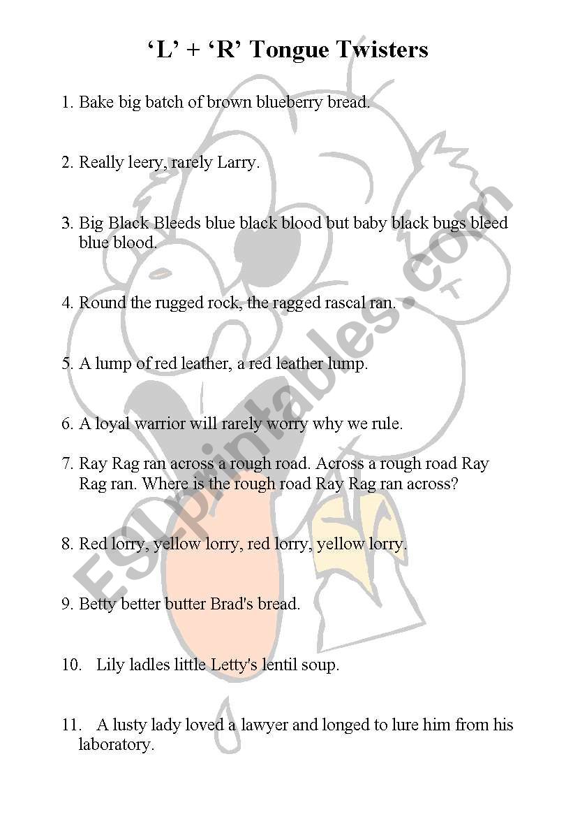 L And R Tongue Twisters Esl Worksheet By Scottv