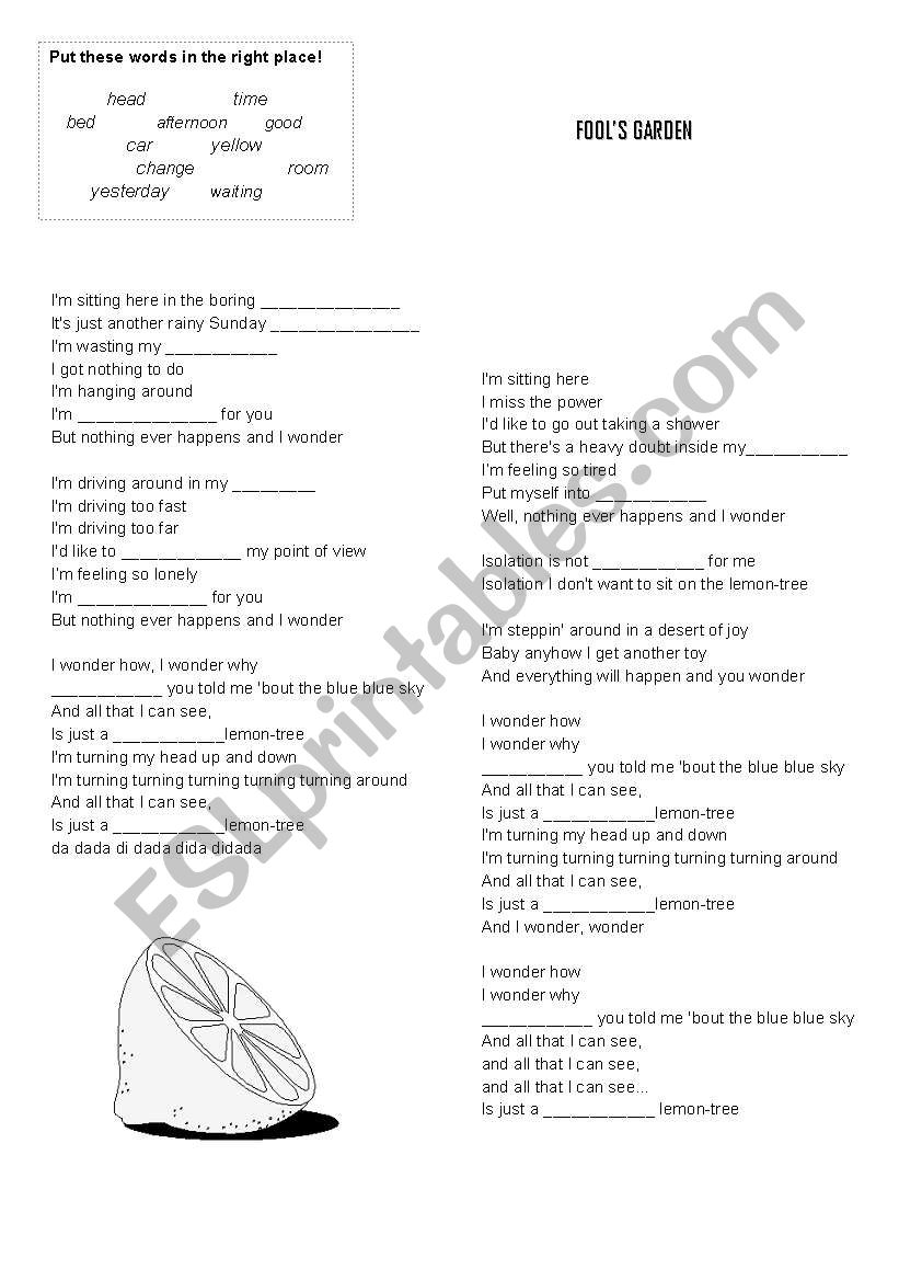 worksheet Lemon Tree Worksheet english worksheets song lemon tree garden fill in lyrics lyrics