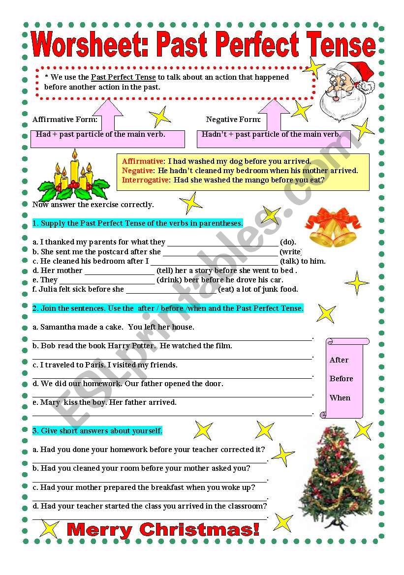 Past Perfect Tense Of The Verb Worksheet