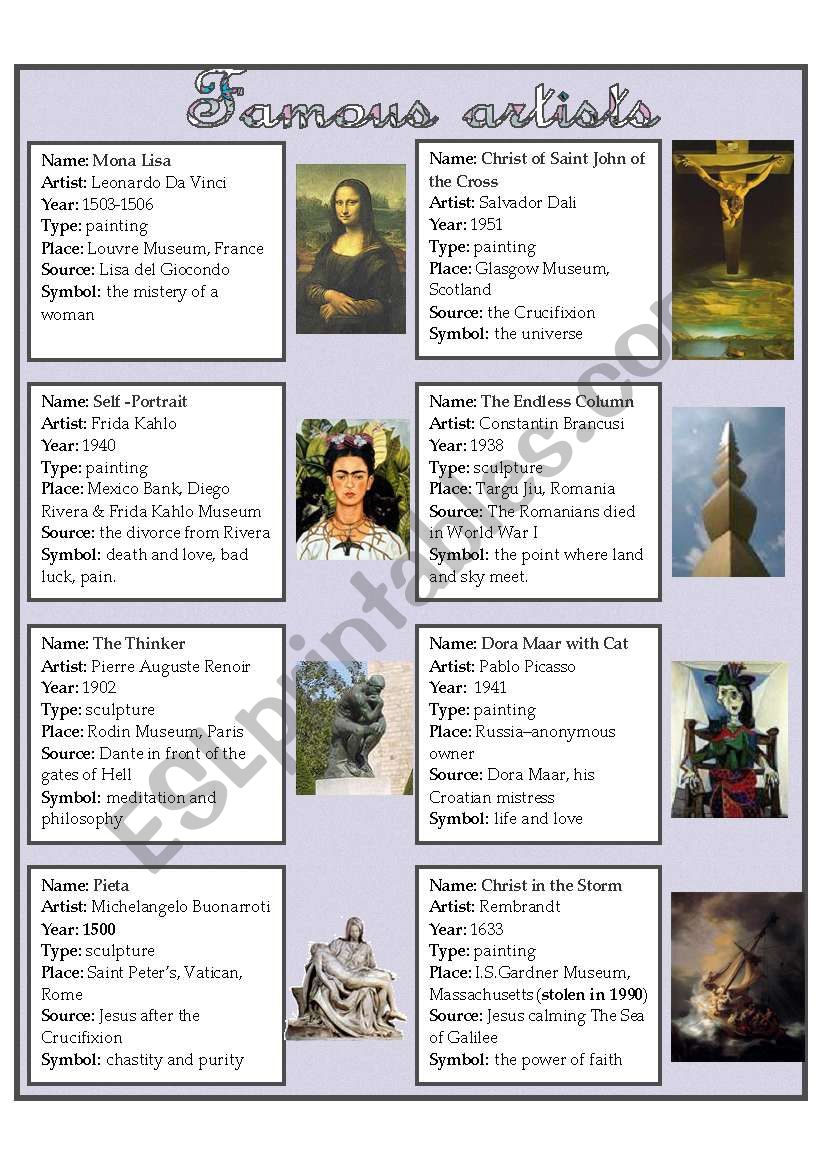 Free Printable Worksheets Famous Artists
