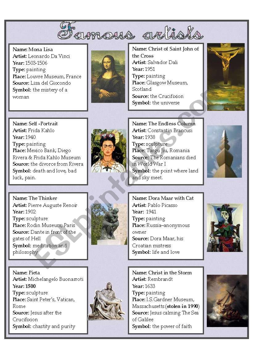 FAMOUS ARTISTS ESL Worksheet By Domnitza