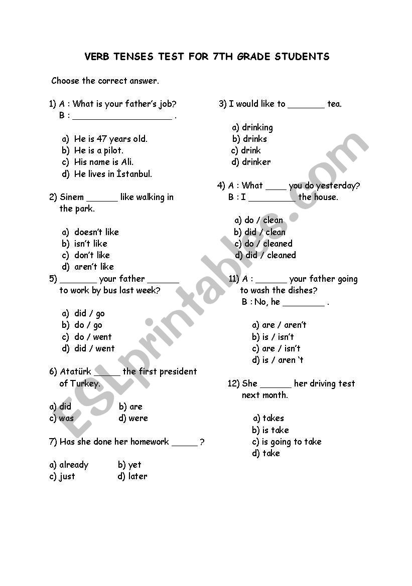 English Worksheets Verb Tenses Test For 7th Grade Students