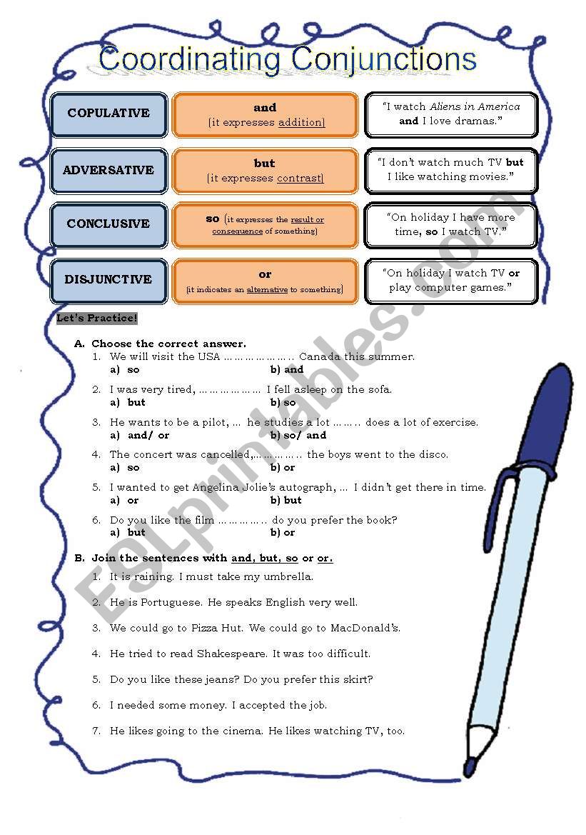 Coordinating Conjunctions Worksheets With Answers Grade 4