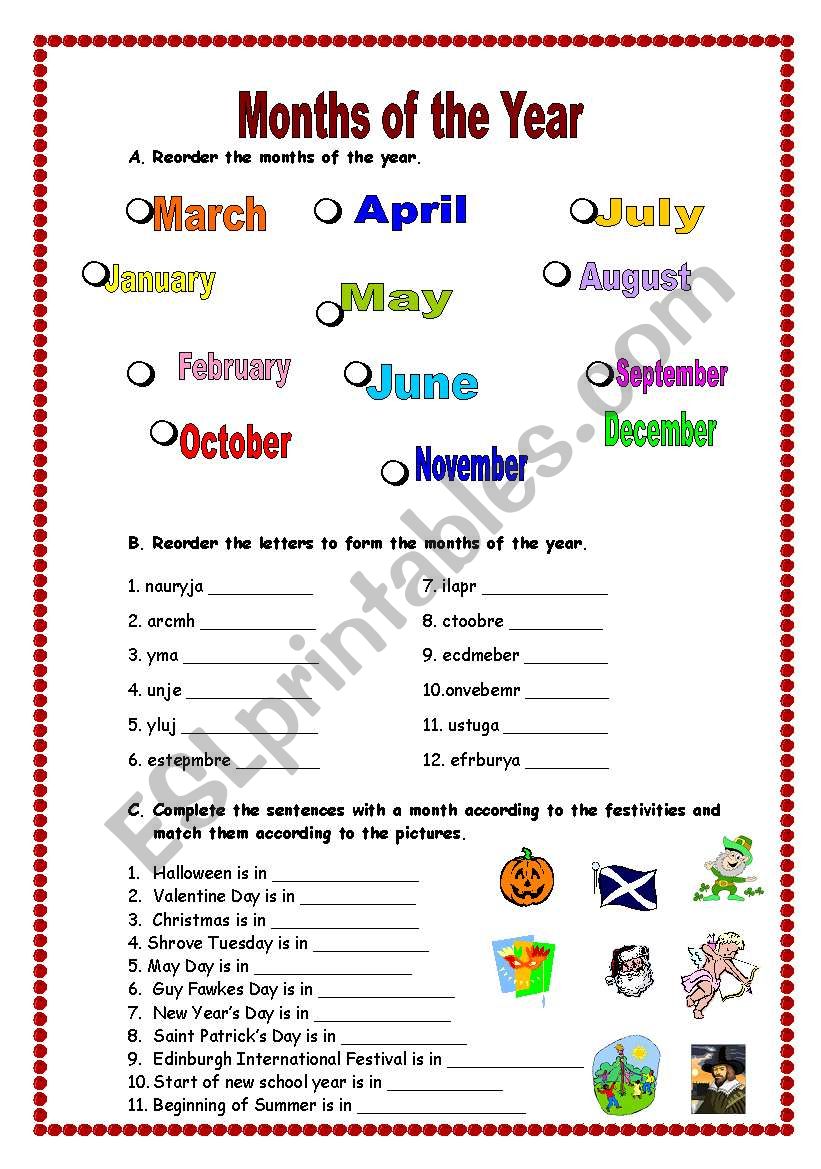 Months Of The Year In English Worksheet
