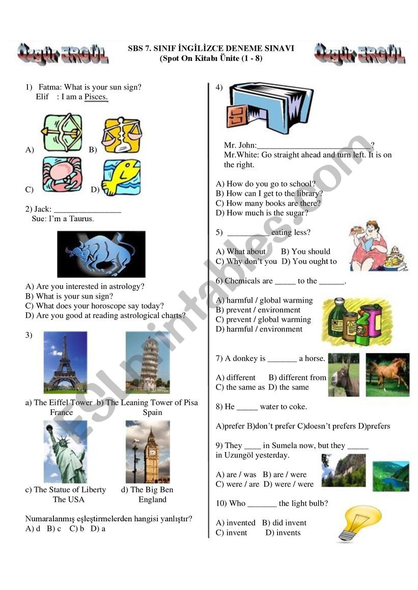 English worksheets: SBS Revision TEST for 7th grade Unit 1-8 (First Semester)